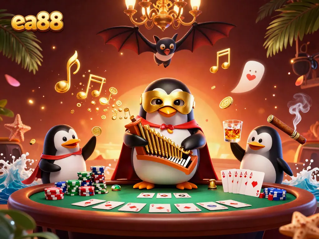 Hình ảnh ea88 với chú chim cánh cụt ma dễ thương chơi organ phun vàng trong casino