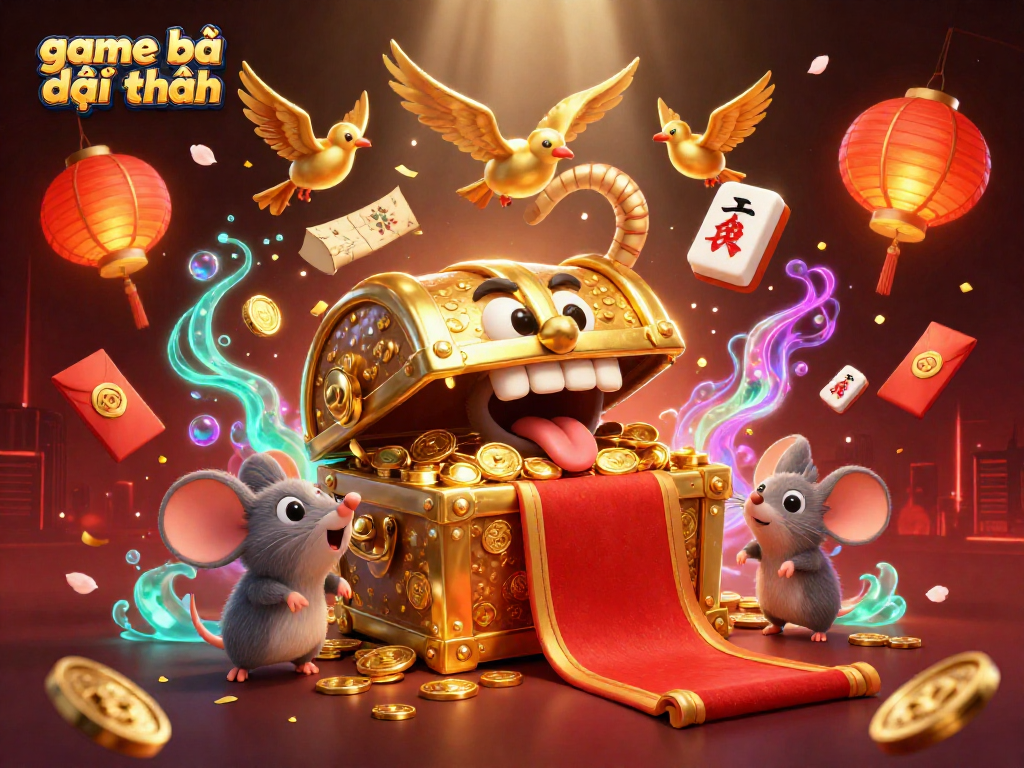 Engage with game bài đổi thưởng as the golden treasure chest lures adventurer mice amidst vibrant casino elements.