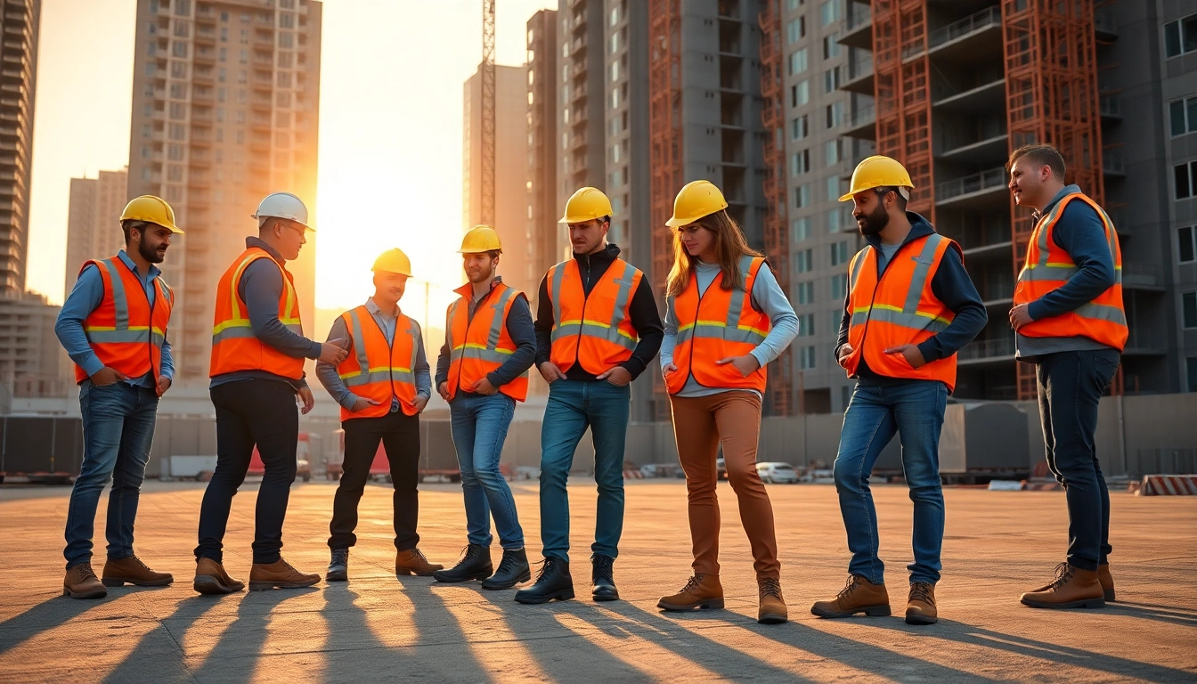 Workers wearing diadora abbigliamento lavoro showcase durability and style on a construction site.
