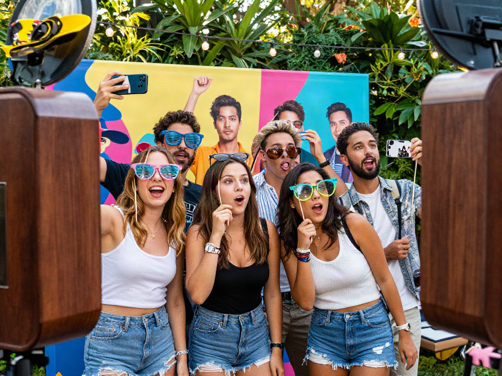 Friends enjoying a fun outdoor event discovering who they look like celebrities.