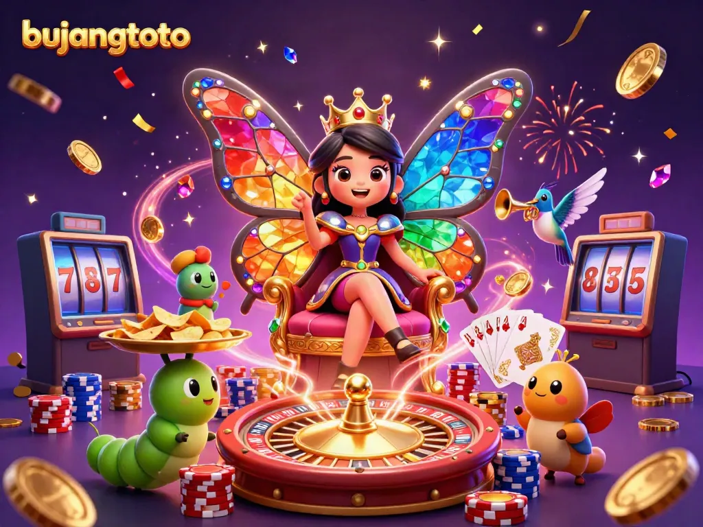 Engage with bujangtoto in an enchanting casino scene featuring colorful characters and vibrant game elements.