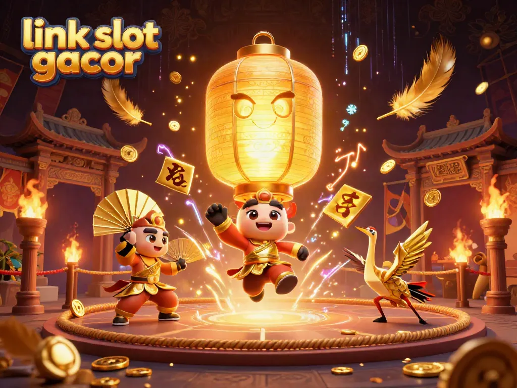 Putar link slot gacor dengan semangat, dikelilingi lonceng keberuntungan dan energi kasino yang ceria.