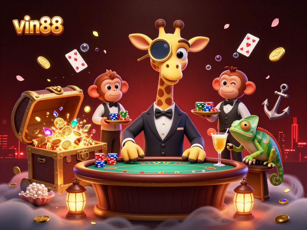 Engage with vin88's thrilling casino scene showcasing a high-roller giraffe and vibrant gaming elements.
