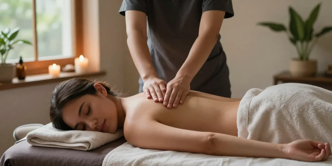 마사지 테라피를 받으며 편안하게 쉬고 있는 여성의 모습
