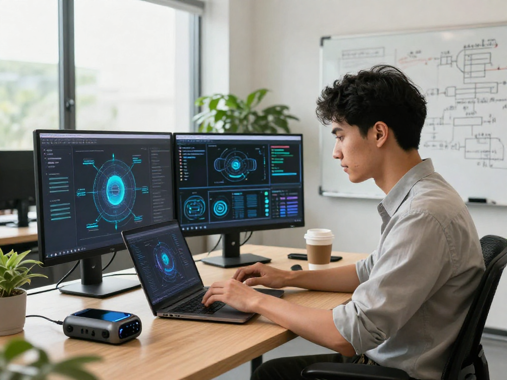 Professional engaged in AI development, showcasing tools and visualizations related to ai 18+ technology in a collaborative workspace.
