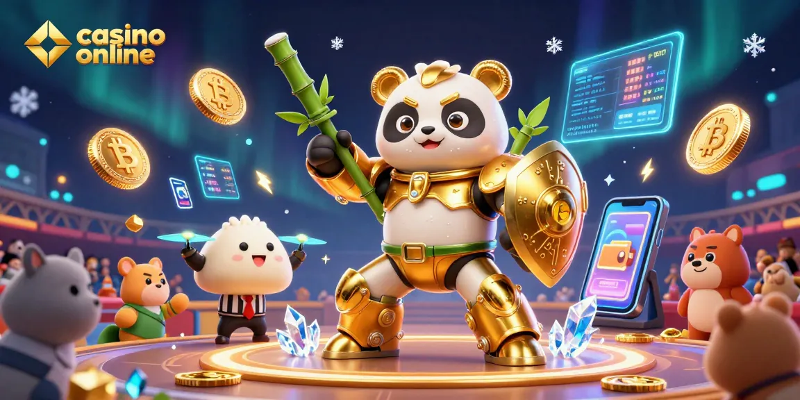 Juego de casino online con panda dorado en traje de combate y criptomonedas brillantes.