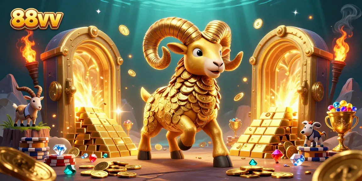 Experience thrilling wins at 88vv with a dynamic golden ram charging through a treasure-loaded casino scene.