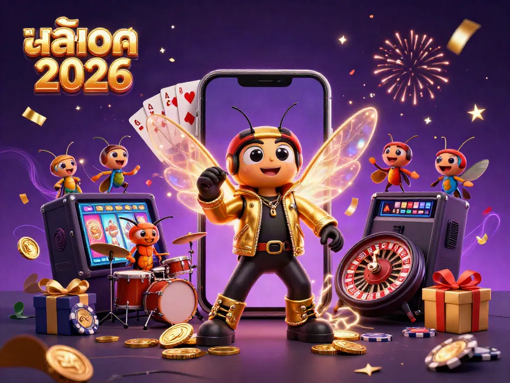 Experience the thrill of สล็อต 2026 with a vibrant rock star scene featuring a cicada, drummer, and slot game elements.