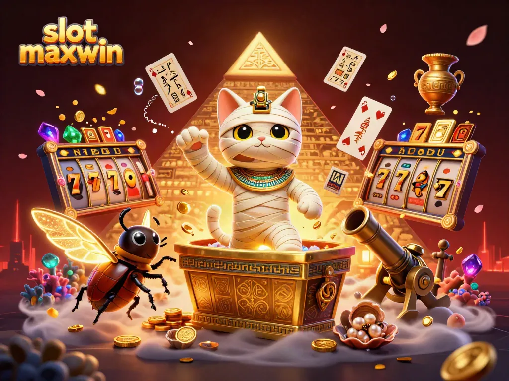 Experience the thrill of slot maxwin with a vibrant scene of a mummy cat in a casino.