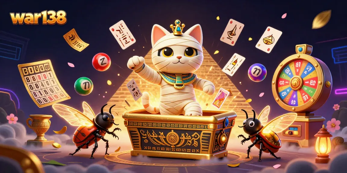 Join the excitement with war138 as the mummy cat bursts from the casino, surrounded by colorful lottery elements.