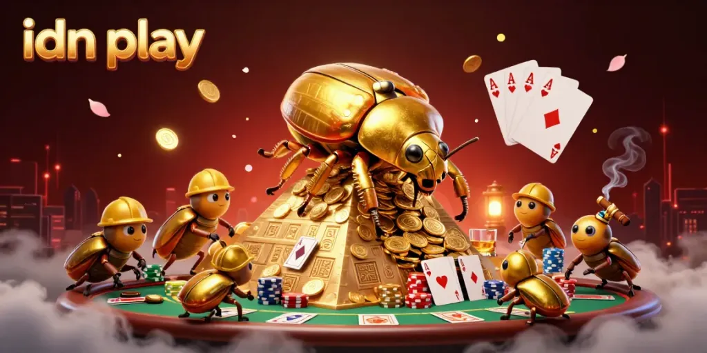 Experience idn play with animated beetles rolling coins and poker elements in a vibrant casino scene
