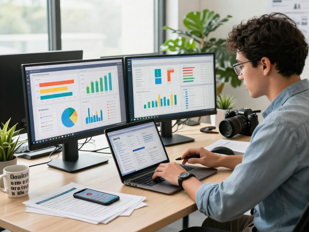 Professional analyzing app metrics and strategies to buy app install in a vibrant digital marketing office.