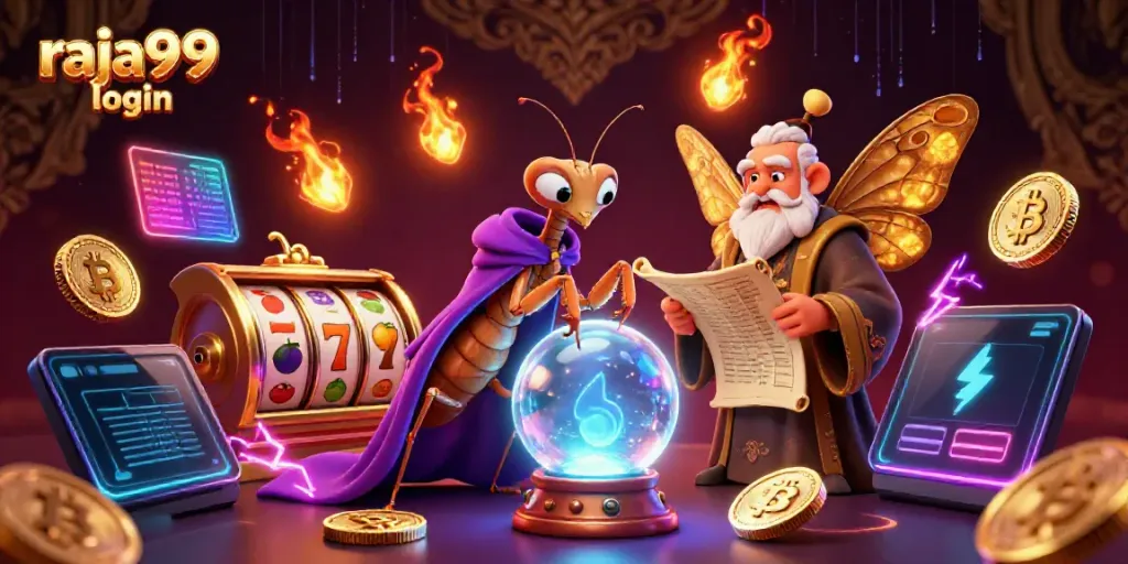 Engage with raja99 login through this 3D casino artwork featuring vibrant slot symbols and mystical characters.