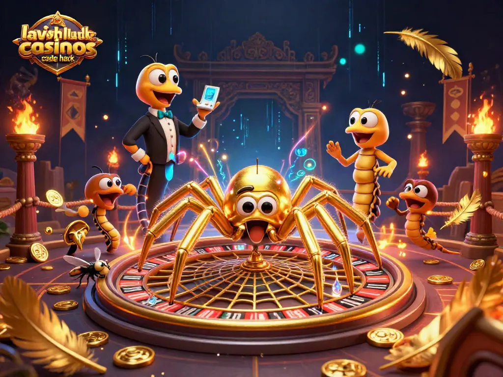 Engage with the lavish luck casino rewards code hack in an immersive 3D scene of a spider spinning a roulette wheel.
