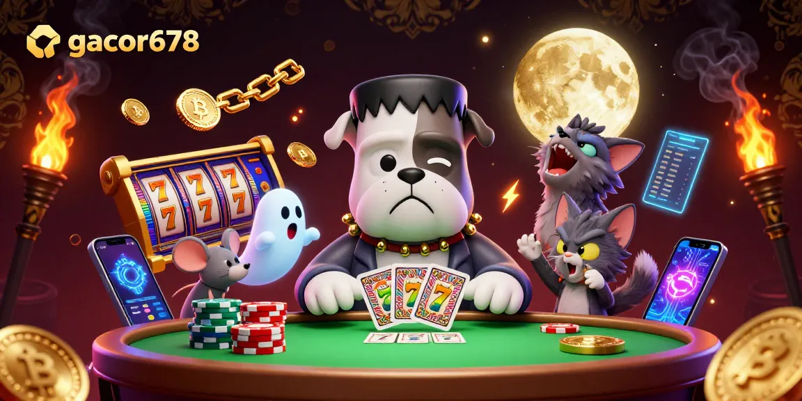 Experience the thrill with gacor678 as the cartoon bulldog deals cards in a vibrant casino scene.