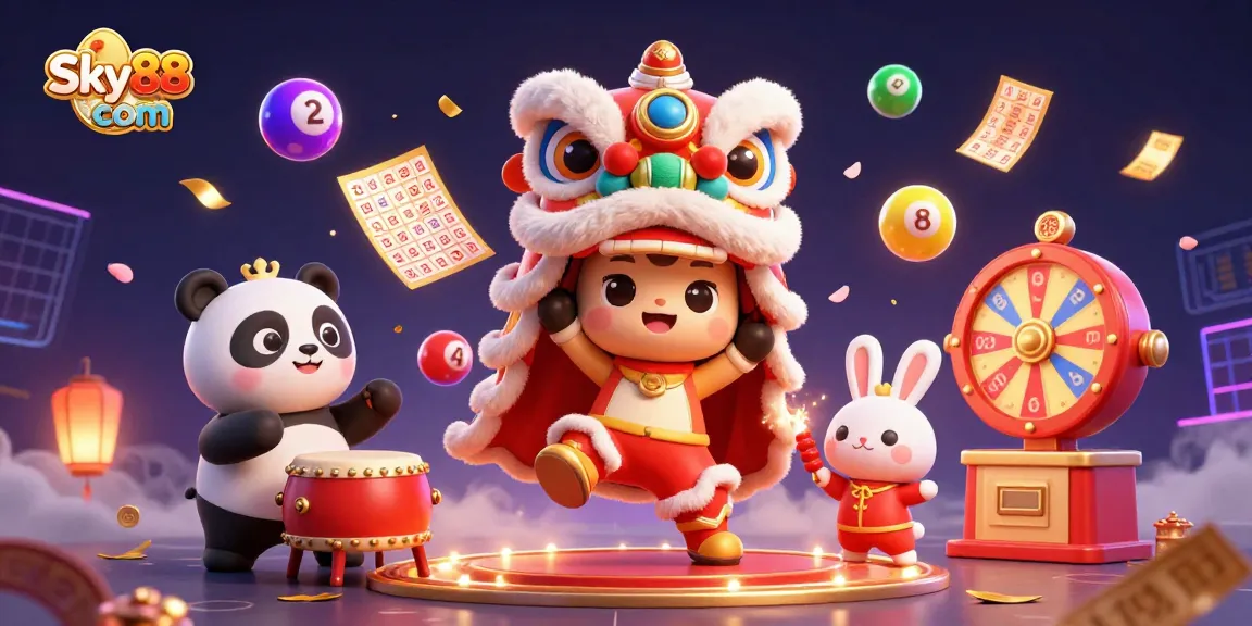 Engage with the vibrant world of Sky88 com as a lively lion dance and colorful casino elements come to life.