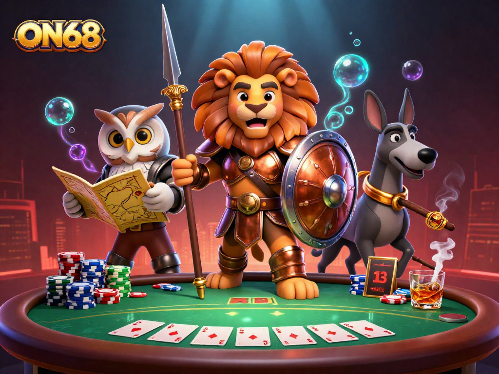 Experience thrilling action with ON68, where players strategize at a lively poker table with vibrant characters.