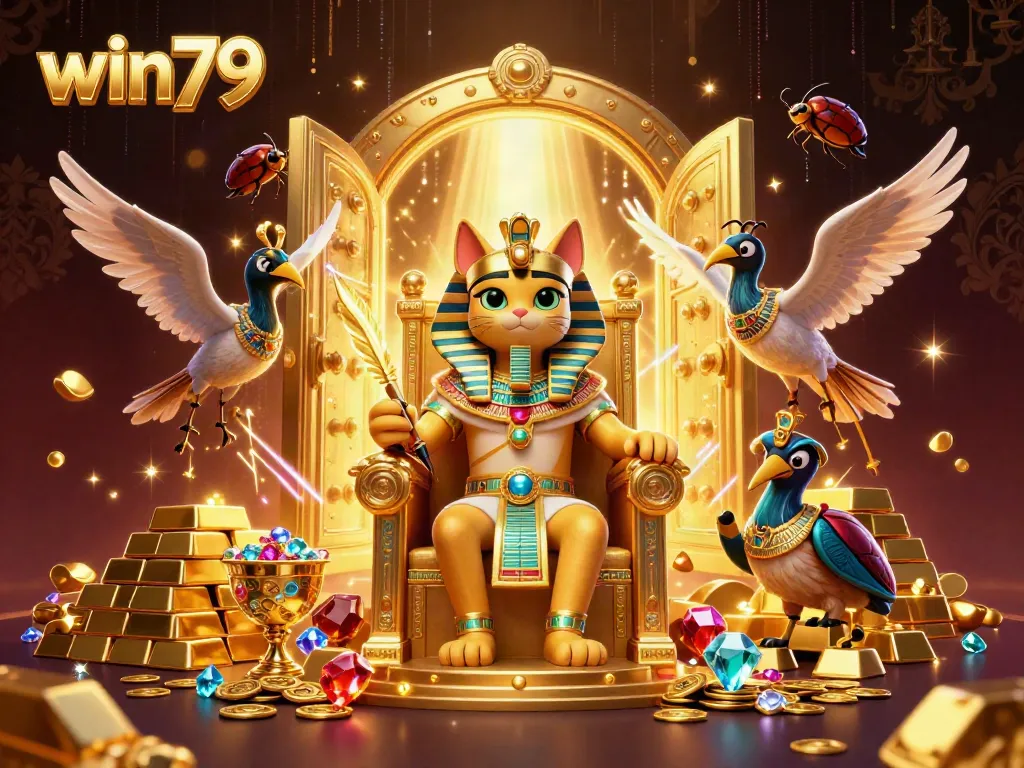 Experience the luxury of win79 with a vibrant Egyptian pharaoh-themed casino illustration.