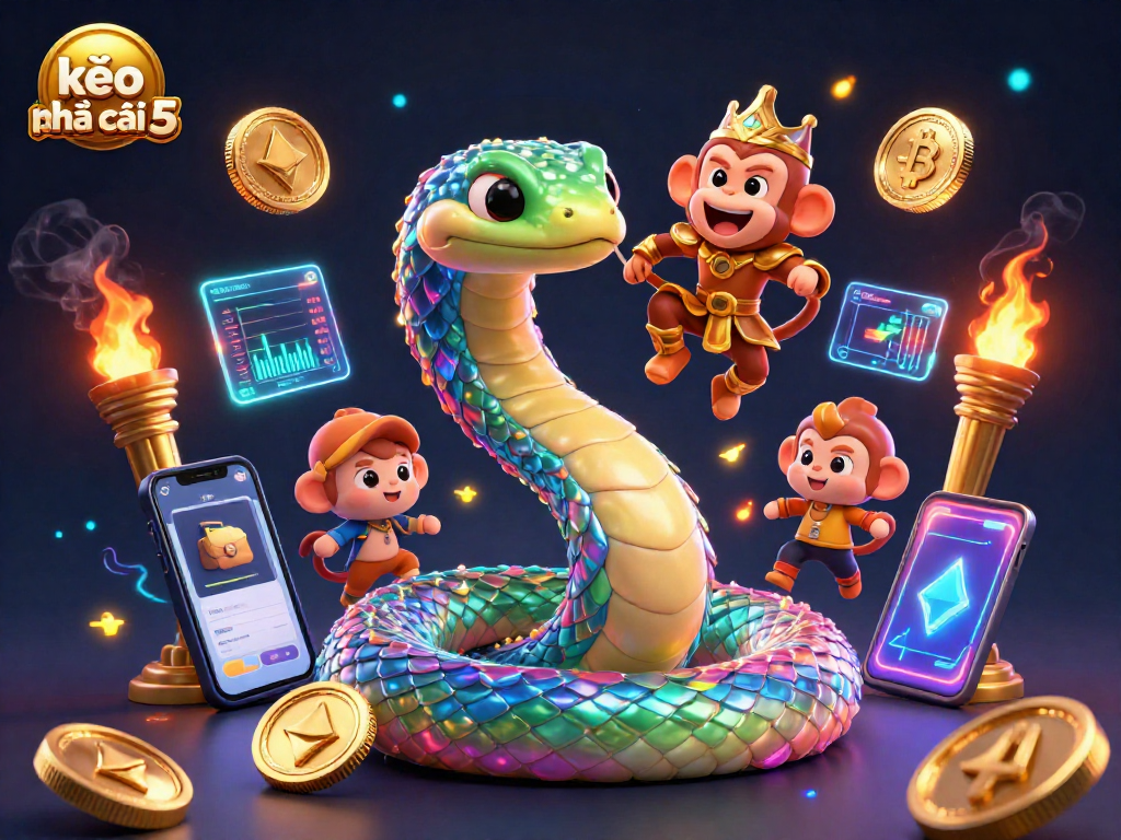 Bet on kèo nhà cái 5 with vibrant 3D illustration featuring cryptocurrency and casino elements.