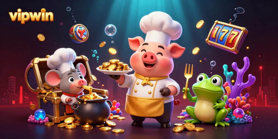 Win big with vipwin's exciting slot games and gold coin rewards in this illustrated scene.