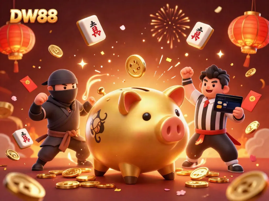 Experience the thrill of DW88 as a golden piggy bank sumo wrestler unleashes a shower of coins in this dynamic online casino scene.