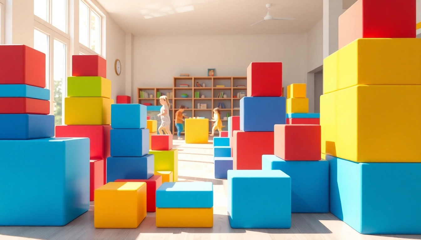 Build vibrant giant foam blocks for epic adventures; kids play joyfully in bright indoor space.