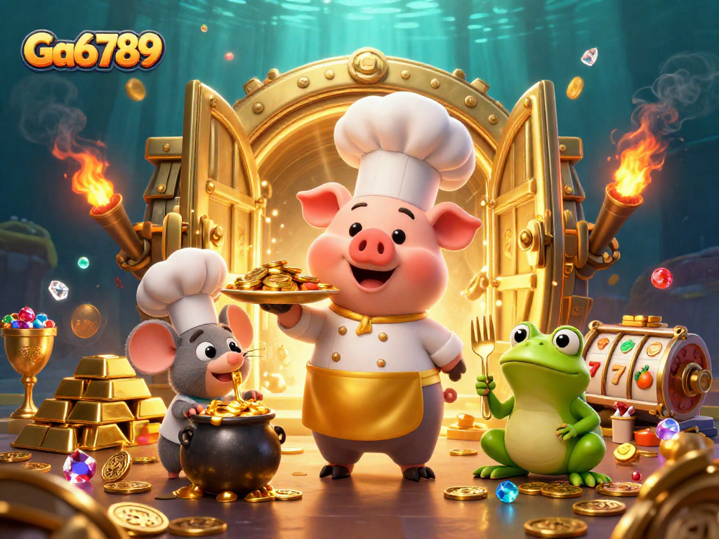 Ga6789 showcases a lively casino scene with characters sharing gold coins and riches.