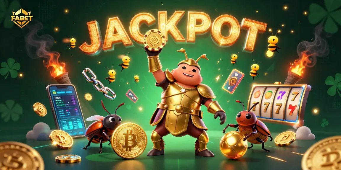 FABET showcases a victories beetle lifting a poker chip in an engaging casino crypto scene.
