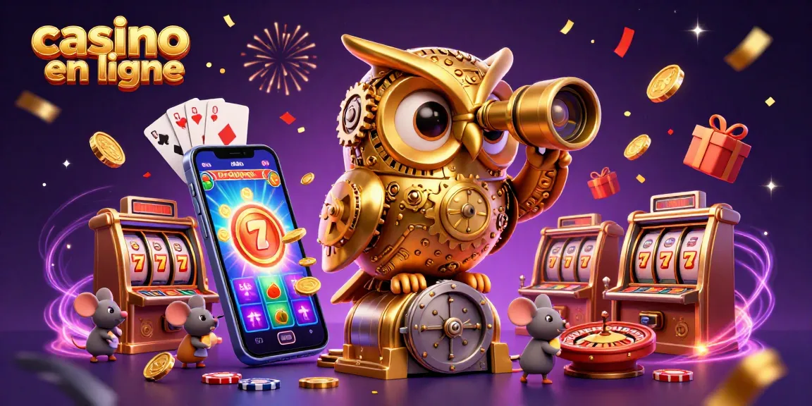 Plongez dans l'univers du casino en ligne avec notre illustration d'un hibou doré et des machines à sous scintillantes.