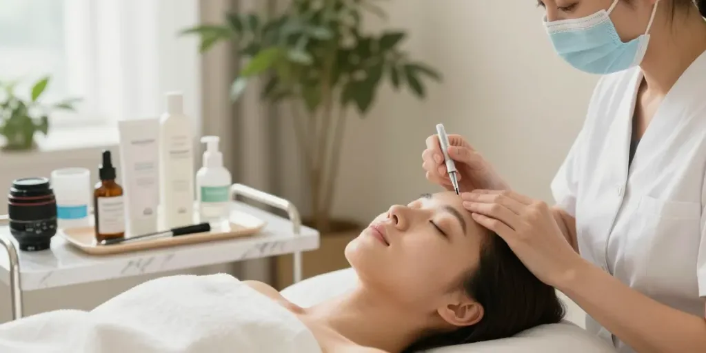 Augenringe entfernen: Professionelle Behandlung im eleganten Beautyraum mit natürlichem Licht.