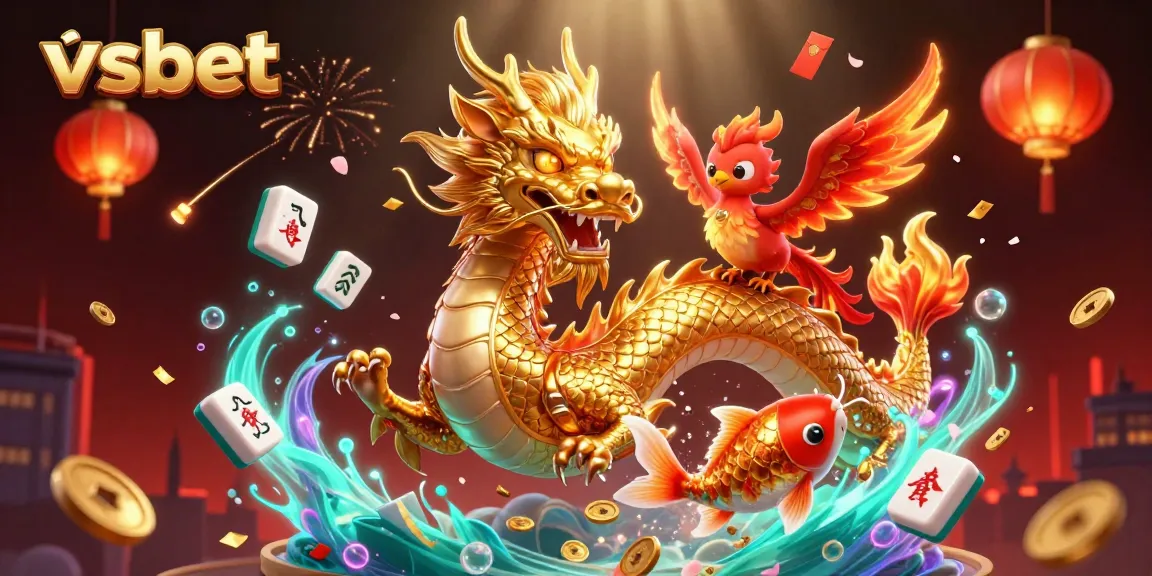 Engaging scene featuring vsbet elements like a golden dragon and koi fish amidst vibrant casino symbols.