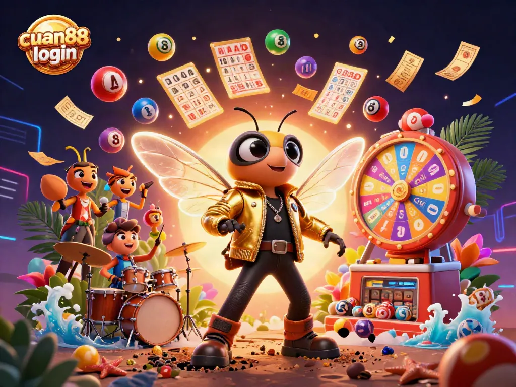 Experience the vibrant energy of cuan88 login as a rock star cicada unleashes a gaming festival.