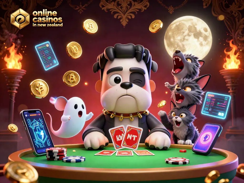Engaging scene of online casinos in new zealand with a spooky casino table, lively characters, and crypto elements.