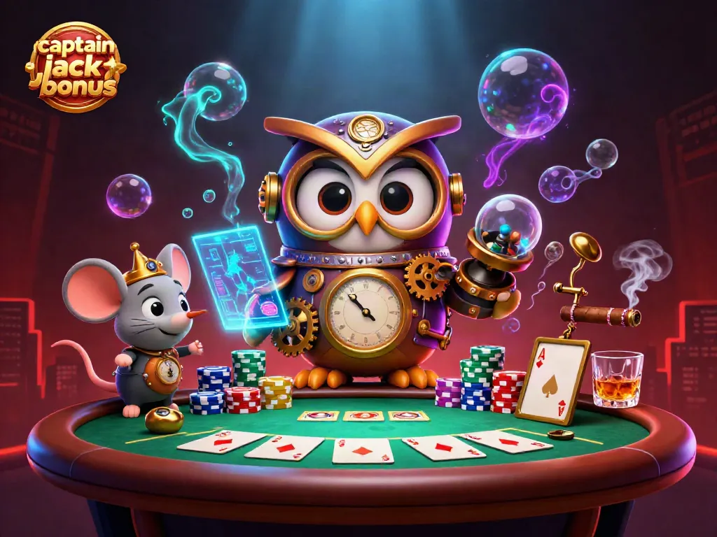 Engage with the captain jack casino bonus in this vibrant 3D illustrative scene filled with poker elements.