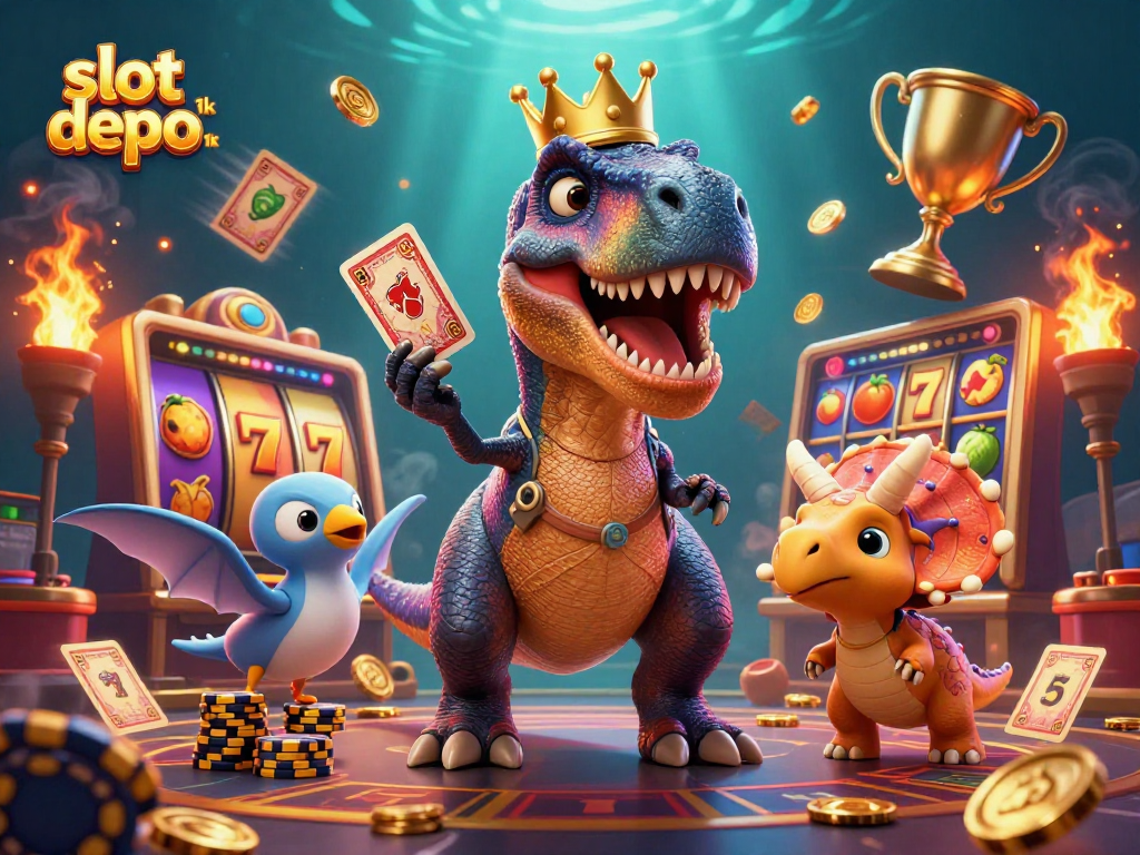 Experience thrilling gameplay with slot depo 1k, featuring vibrant dinosaurs and dynamic slot symbols.