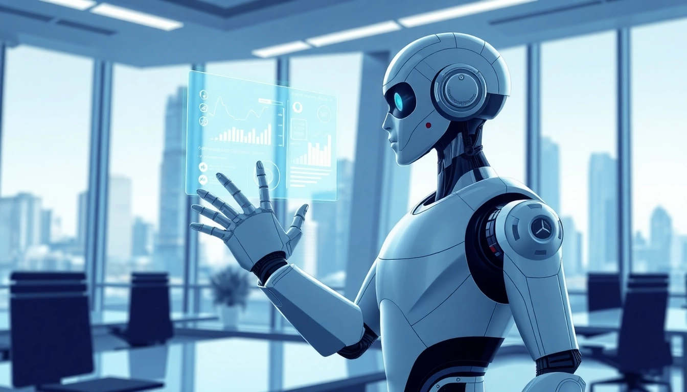 AI agents performing tasks with a humanoid robot interacting with a digital interface.