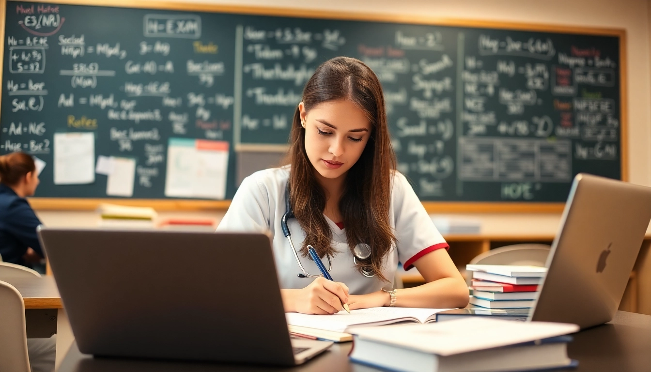 Focused nursing student engaged in repeat NCLEX taker review Houston with study materials and laptop.
