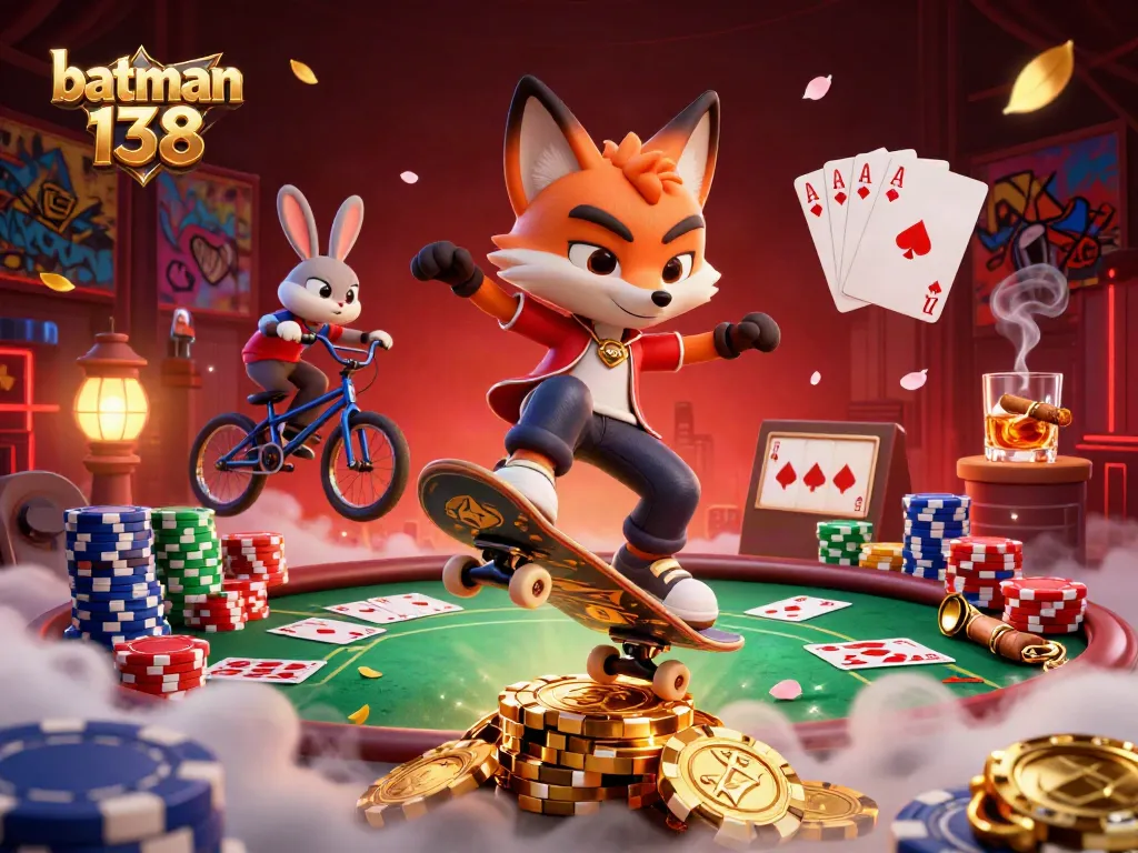 Experience the dynamic action of batman 138 with a skateboarder fox and BMX rabbit amidst vibrant casino elements.