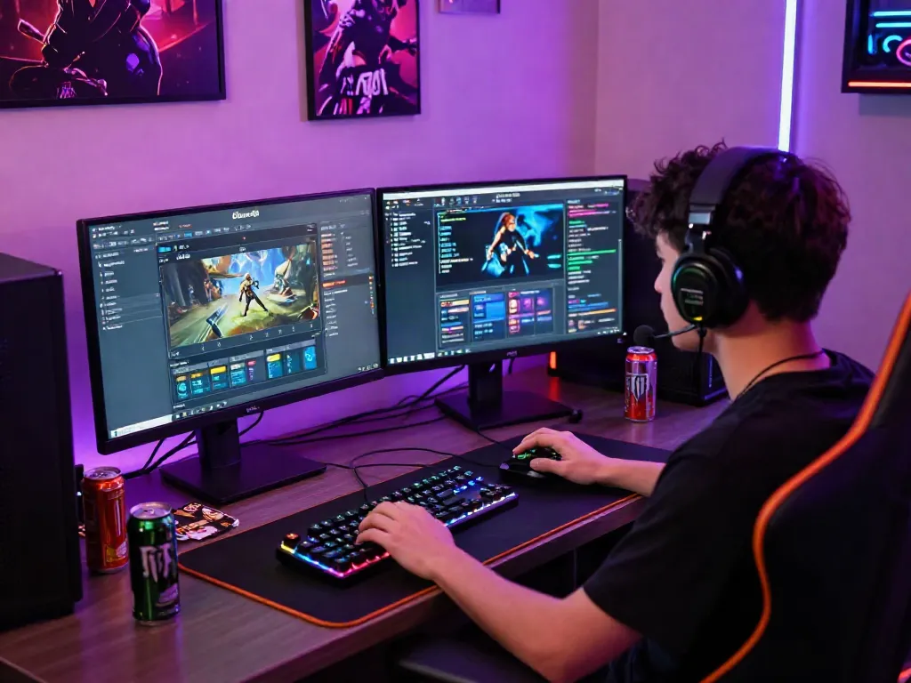 Pengguna diana4d sedang bermain game online dengan monitor modern dan aksesori gaming yang menarik.