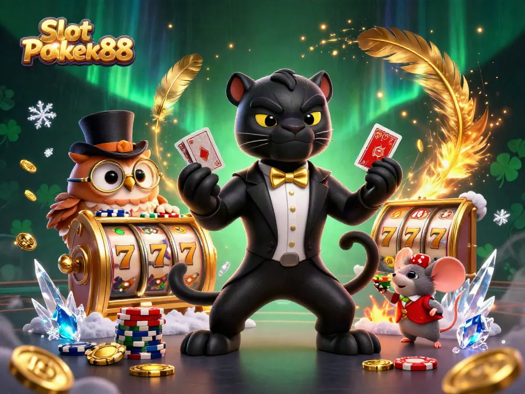 Engage with Slot Poker88's vibrant gaming world featuring a tuxedoed panther, a clever owl, and a lucky mouse in a bustling casino atmosphere.