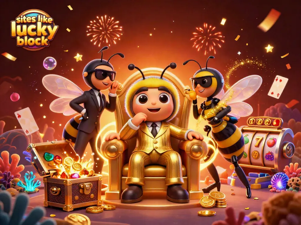 Engage with sites like Lucky Block through vibrant 3D casino-themed illustration featuring a bumblebee mob boss and dynamic game elements.