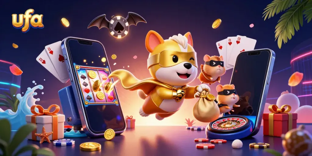 การเล่นเกม ufa ที่สนุกสนานพร้อมการ์ตูนสุนัขและแฮมสเตอร์ในท่าบิน