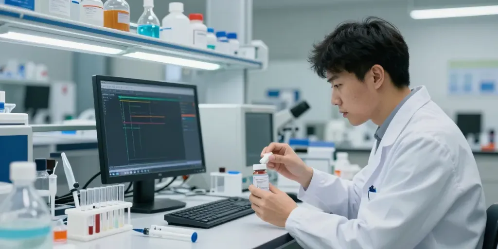 Scientist analyzing high-purity Swiss Chems peptides in a laboratory setting.