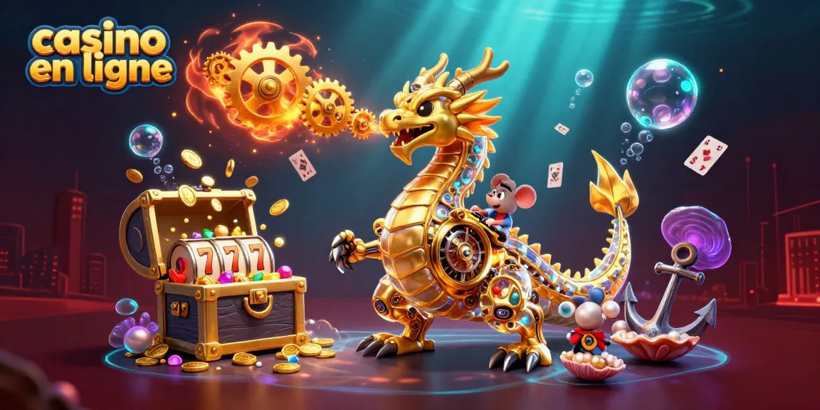 Visualisez un dragon doré mécanique dans un casino en ligne, avec une explosion de pièces et de joyaux.