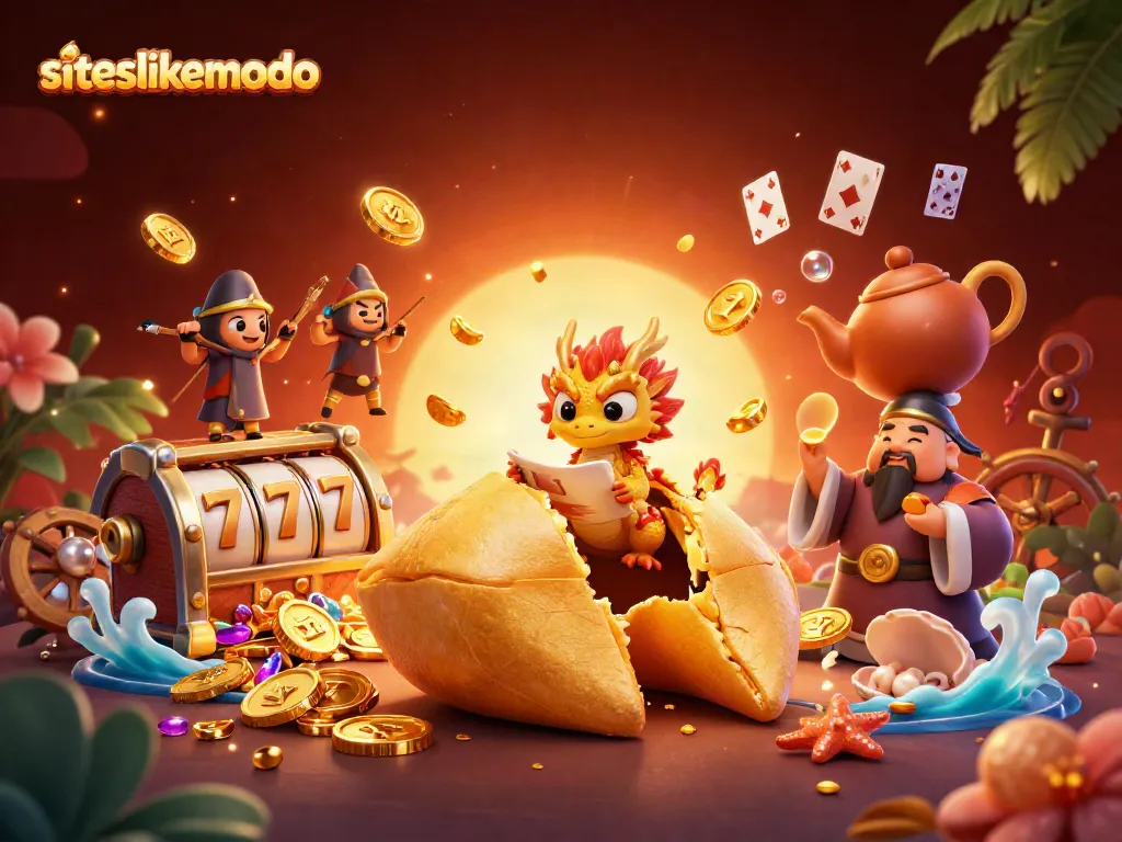 Engage with siteslikemodo in this vibrant illustration showcasing a wealth of casino elements and characters.