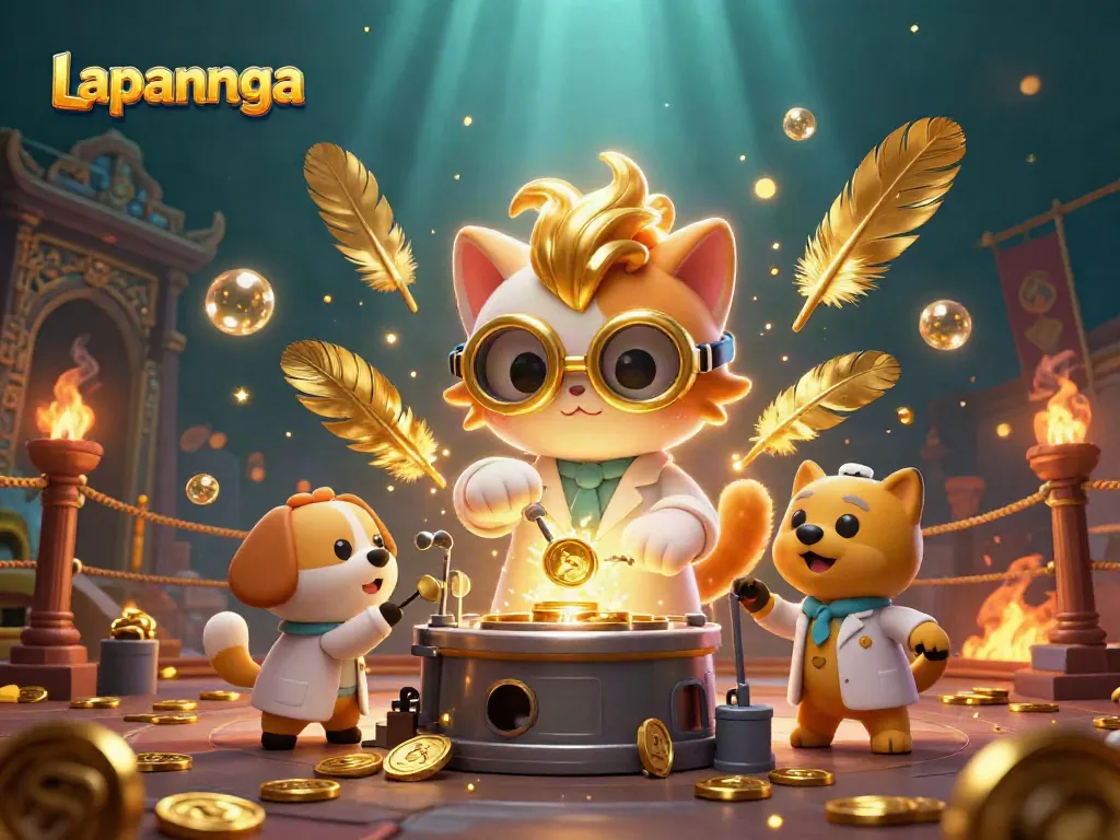Experience the thrilling creativity of Lapannaga with an enthusiastic cat scientist and dog assistant creating gold coins.