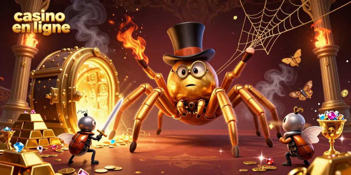 Plongez dans le monde du casino en ligne avec une illustration captivante, mêlant araignée dorée et chevalier, entourés de trésors scintillants.