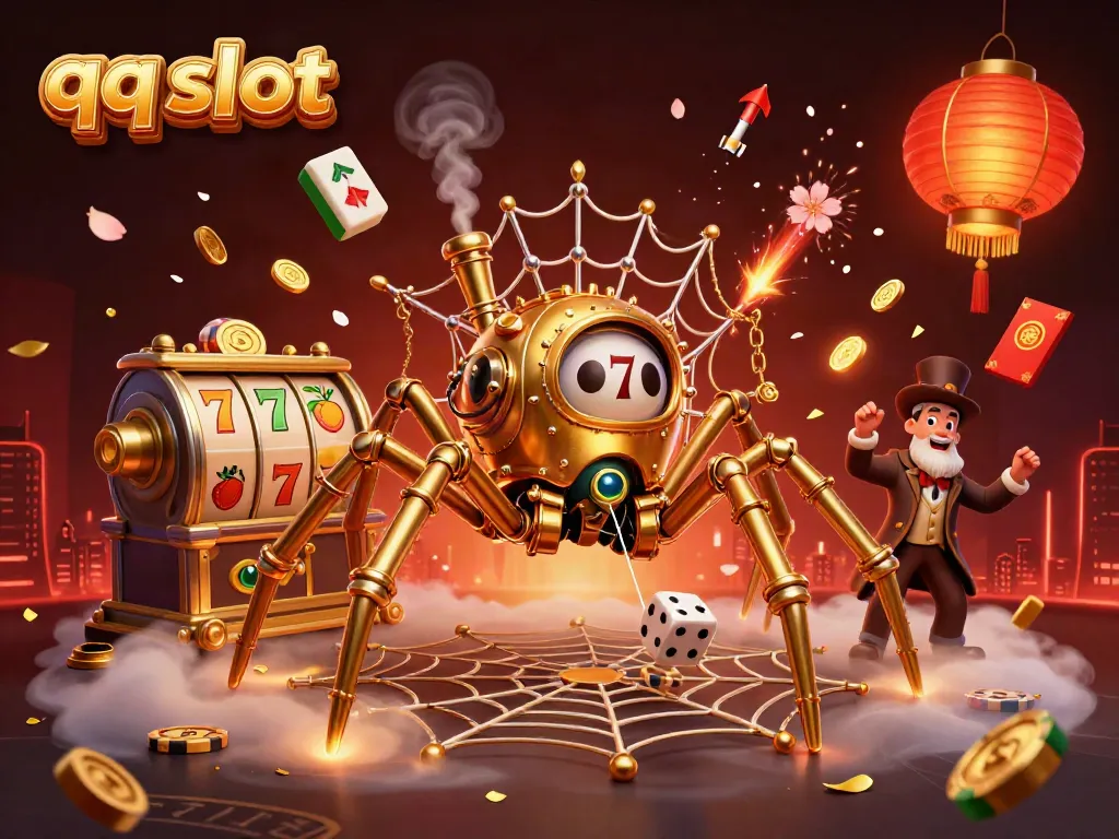 Engage with the qq slot scene featuring an intricate spider web, lucky dice, and vibrant casino elements.