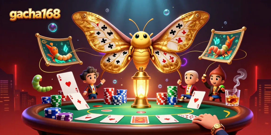gacha168 showcases vibrant poker scenes with a cartoon atlas moth and golden lanterns