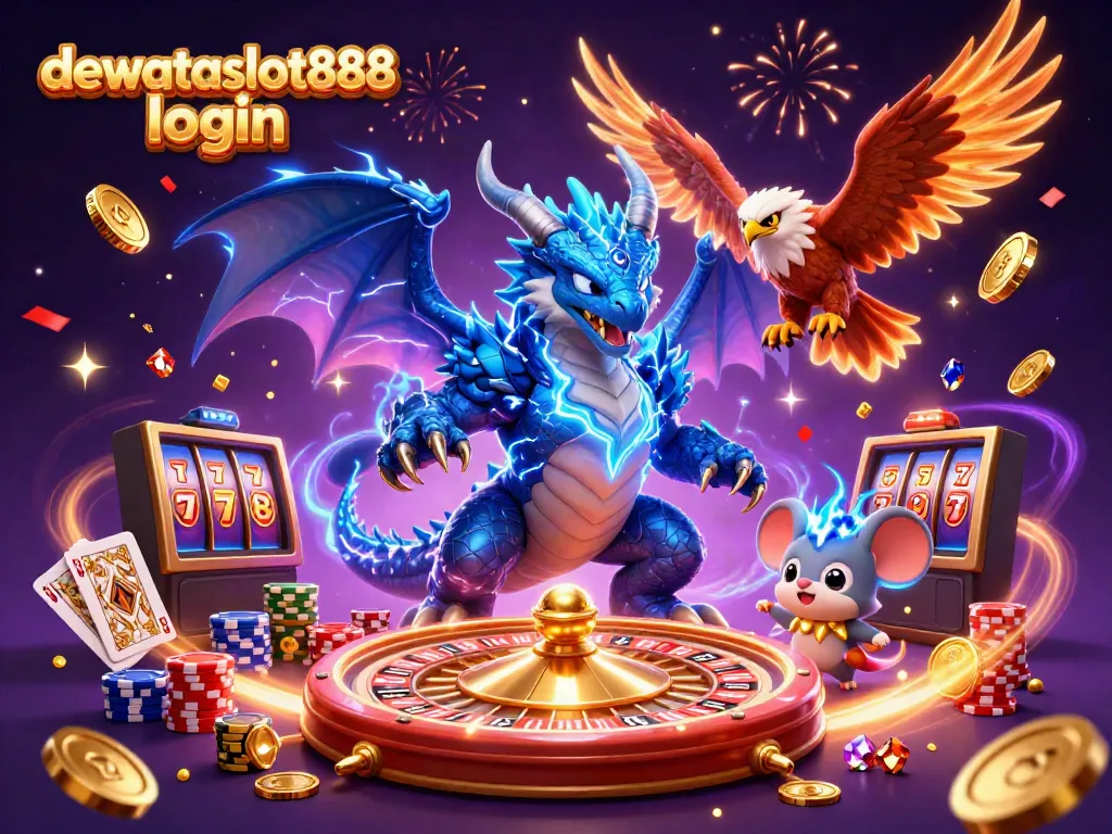 Ulasan dewataslot888 login dengan ilustrasi 3D naga petir dan elemen permainan kasino.